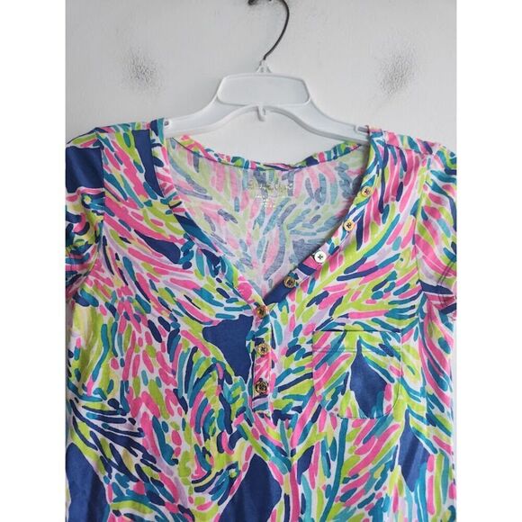 Lilly Pulitzer "Palmira" Pink Blue Palm Reader Pasley Cotton V-Neck Dress sz XS - Picture 5 of 11